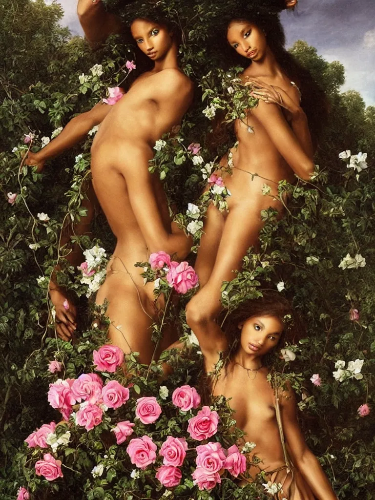 Image similar to jasmine tookes is the goddess of love : : background of roses, myrtle, doves : : rococo, academicism