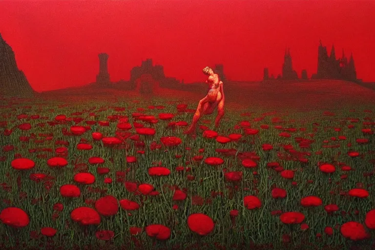 Image similar to only with red, red flowers of different types, a castle in the background, red orcs and trolls dance over the flowers, in the style of beksinski, part by hopper, part by rodcenko, part by hofbauer, intricate composition, red by caravaggio, insanely quality, highly detailed, masterpiece, red light, artstation