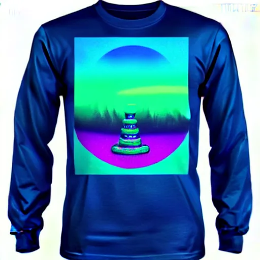 Prompt: vaporwave blue and green long sleeve t shirt