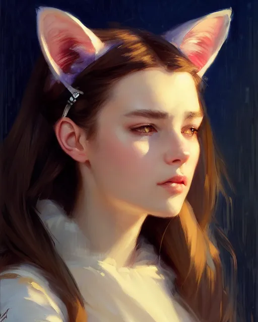 Image similar to a potrait of a girl with cat ears, fine details. night setting. realistic shaded lighting poster by craig mullism, artgerm, jeremy lipkin and michael garmash, unreal engine, radiant light, detailed and intricate environment, digital art, trending on art station