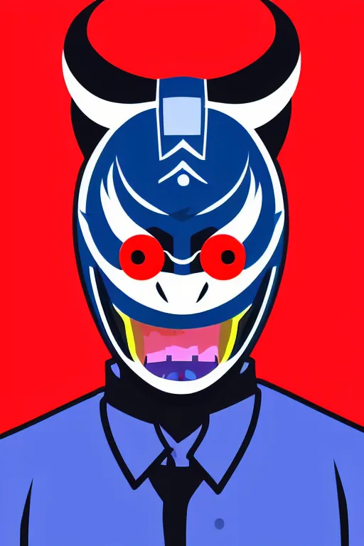 Prompt: twitter guy profile picture with japan devil mask, pop art, pixel, gta vice city style, stock picture quality, glowing lights, face features, ultrarealistic details, digital painting, trending artstation, concept art, smooth, sharp focus, illustration, intecration details, art by mark millar and richard hamilton and mimmo rottela, kirokaze and paul robertson
