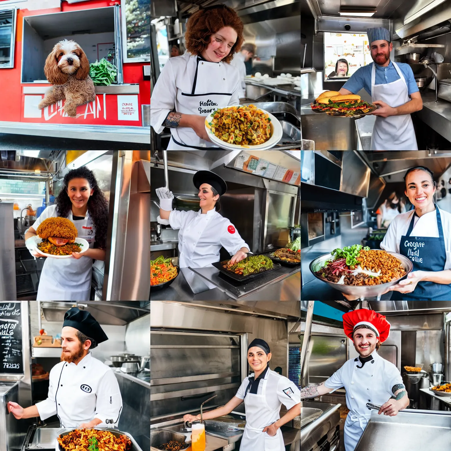 Prompt: a cavoodle in a chef outfit working on a vegan food truck