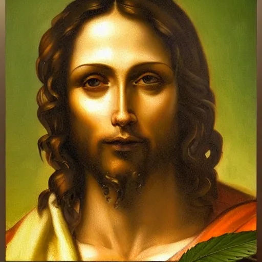 Prompt: an impasto oild painting of jesus holding a cannabis leaf painted by leonadro da vinci, rennaissance painting, high detailed oil painting, masterpiece, artstation