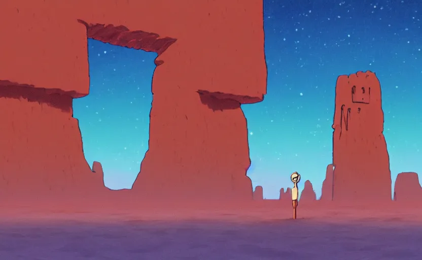 Image similar to a cell - shaded studio ghibli concept art study of a square dimensional portal doorway in a flooded monument valley easter island on a misty starry night. water is flowing out of the mouth of the portal. very dull colors, hd, 4 k, hq