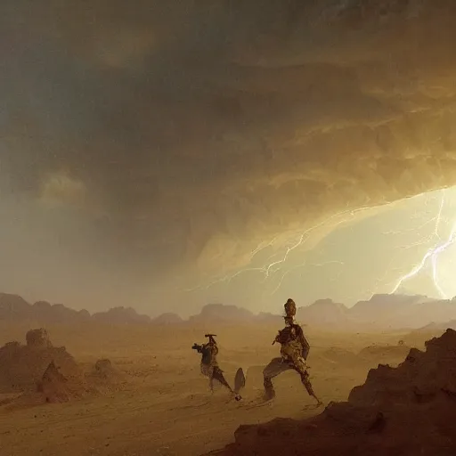 Image similar to an oil painting of a dry and cracked desert on an alien planet with an electrical storm above by carl spitzweg tuomas korpi and greg rutkowski