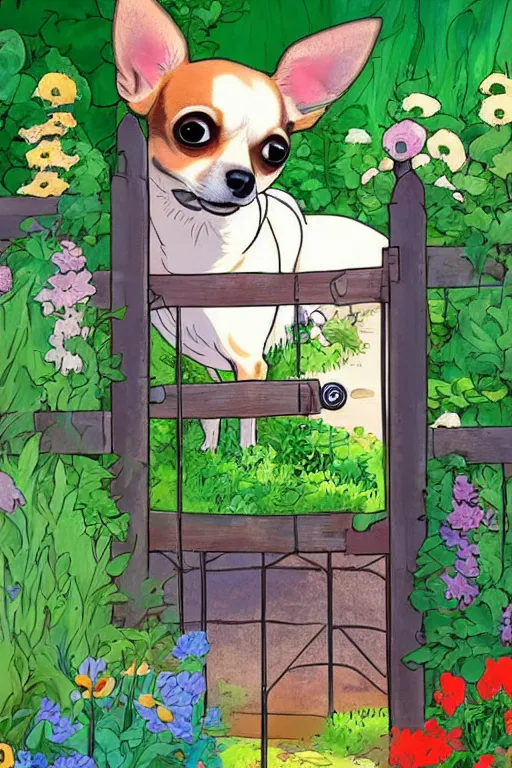 Image similar to A chihuahua looks through her garden gate, cel shaded cartoon in the style of studio Ghibli, sunny morning, cinematic lighting, summer