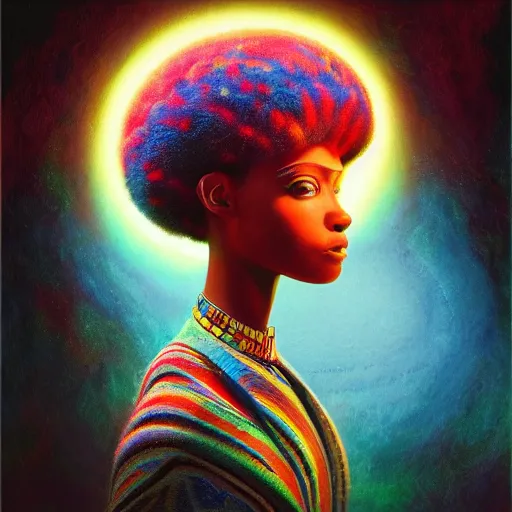 Image similar to highly detailed portrait of an african egyptian goddess with a colorful afro, intricate alien technolog, bright colors, synthwave, watercolor, volumetric wool felting, felt, macro photography, children illustration, global illumination, radiant light, detailed and intricate environment, by goro fujita