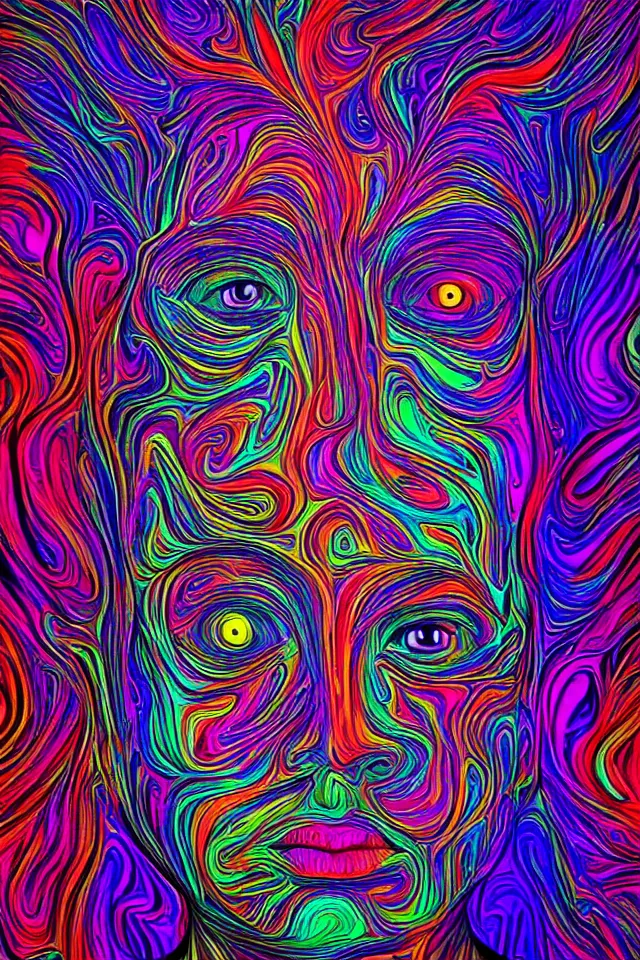 Image similar to hollow face portrait, stunning psychedelic background