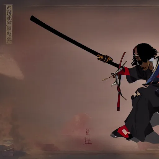 Image similar to Snoop dogg samurai Champloo Champloo defensive stance with katana, in style of samurai anime, artsation, close up