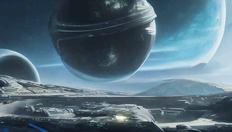 Image similar to an imax view of a futuristic spaceport on a beautiful exoplanet, art by james paick and federico pelat and markus vogt, hyperrealism, science fiction, cinematic lighting