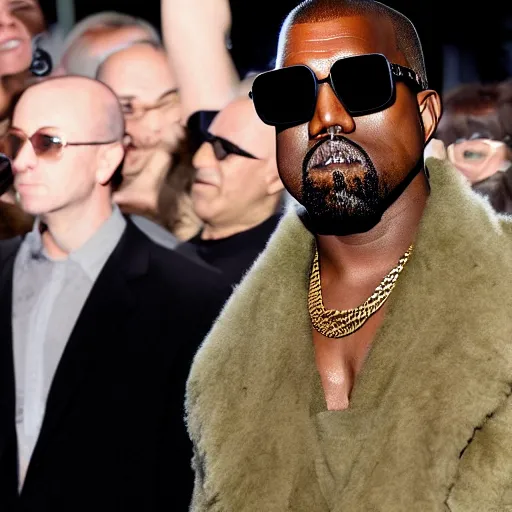 Prompt: Kanye West wearing a fish suit and sunglasses