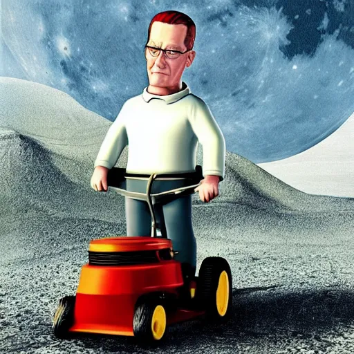 Image similar to photorealistic Hank hill from “King of the Hill” wearing a full suit of medieval armor, riding a lawnmower on the moon, National Geographic photo