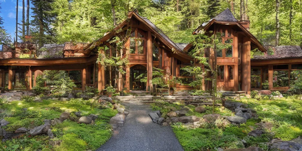 Prompt: residence in the style of rivendell, pacific northwest