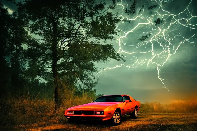 Image similar to pontiac firebird with glowing paint, sunrise, eerie light, fireflies, dog watching the car, dramatic, cinematic, forest, sunbeams, volumetric lighting, wide shot, low angle, lightning storm hitting the car