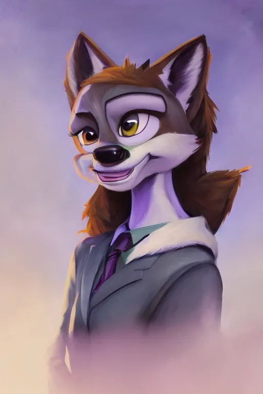 Image similar to oil painting of anthromorphic female wolf, in style of zootopia, female fursona, furry, furaffinity, 4 k, deviantart, furry art, fursona art, wearing black business suit, business suit, wolf fursona, cyberpunk, female, very expressive detailed feminine face,