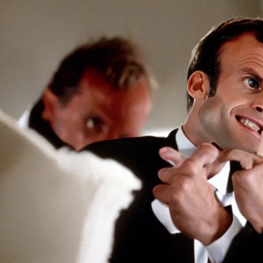 Prompt: Emmanuel Macron has an idea in American Psycho (1999)