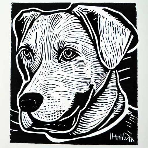 Image similar to linocut, black and white, hound dog