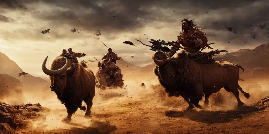 Image similar to indian on ancient atv attacking bisons, action scene, an epic western, dramatic lighting, cinematic, establishing shot, extremely high detail, photorealistic, cinematic lighting, artstation, octane render, old photo, buffalo hunt movie, alpha movie, western