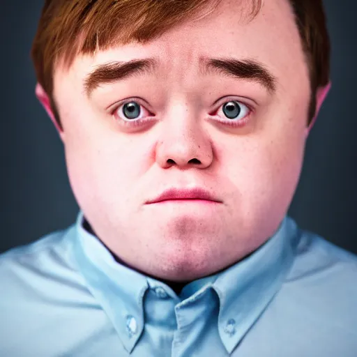 Prompt: 4 k editorial photograph of down syndrome midget alex jones, sharp focus, soft lighting, edge lighting, studio portrait, 1 3 mm film color grading