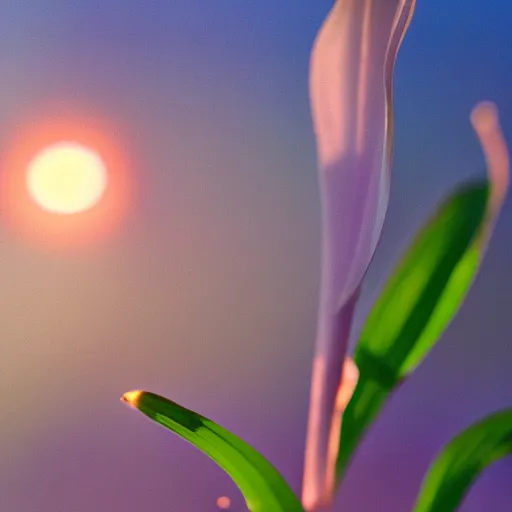 Prompt: Closeup macro photo of lily of the valley, 35mm, octane, sunrise, backlit