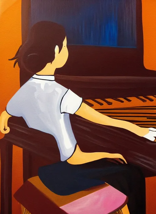 Image similar to kave painting of gril playing piano, 4 k, high quality, sharp fucos