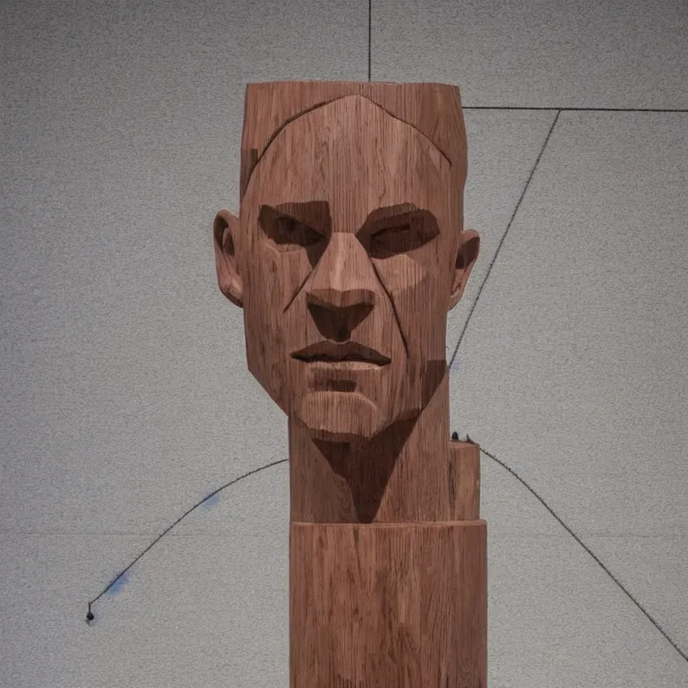 Prompt: 2 0 0 ft sculpture geometric minimalist!!! accurate portrait of chris hemsworth, beautiful symmetrical!! face accurate face detailed face realistic proportions, hand - carved out of red oak wood on a pedestal by stephan balkenhol and martin puryear, cinematic lighting shocking detail 8 k