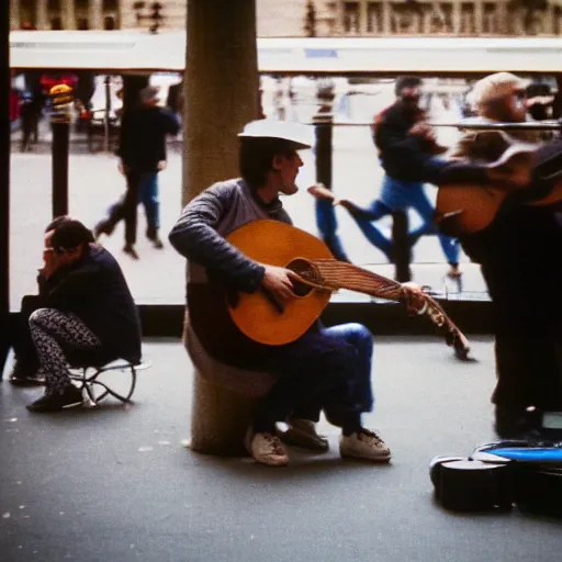 Prompt: paris metro buskers 1980s, XF IQ4, 150MP, 50mm, F1.4, ISO 200, 1/160s, natural light