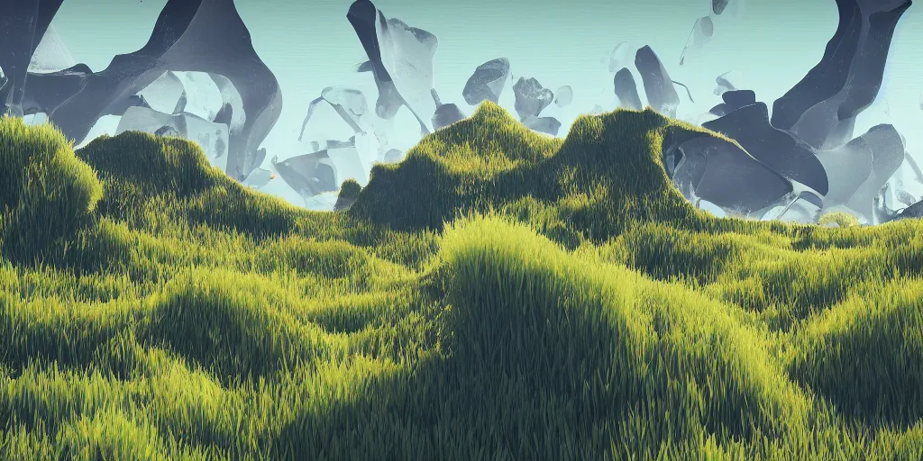 Image similar to abstract 3d landscape painting with vegetation by zaha hadid in no mans sky style, redshift, octane