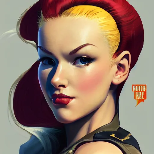 Image similar to portrait of Cammy White from Streetfighter, League of Legend illustration by Sam Youn:3, profile picture by Gil Elvgren:3, asymmetrical, Organic Painting, Ambient Occlusion:3, Matte Painting, bold shapes, hard edges, street art, trending on artstation, realistic:2 by Sachin Teng:5