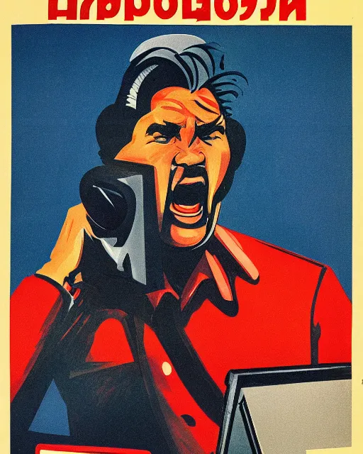 Image similar to soviet propaganda poster of an angry communist developer yelling at his computer