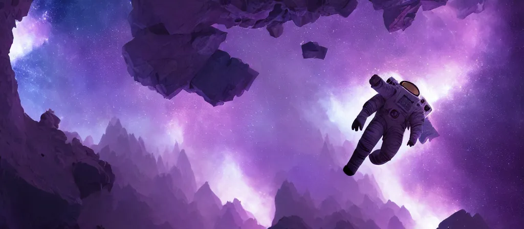 Image similar to astronaut on purple [ [ [ crystal ] ] ] caves, amethyst, beautiful dynamic lighting, nebula sky, cinematic, wide angle establishing shot, extremely high detail, photo realistic, cinematic lighting, matte painting, interstellar, greg rutkowski, roger deakins