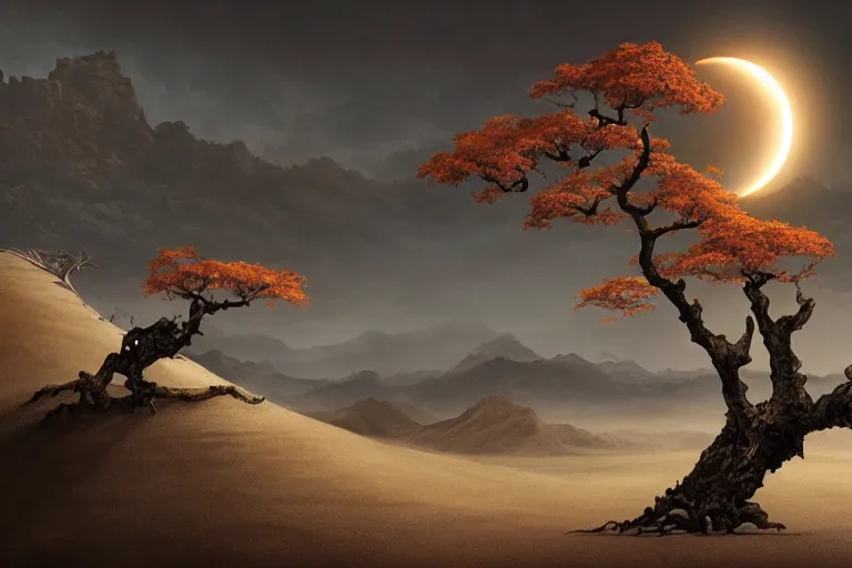 Image similar to cinematic fantasy landscape painting, an eclipse, over an autumn maple bonsai growing alone on a desolate sand dune in front of a primordial mountainous desert landscape of bones by hr giger and jessica rossier