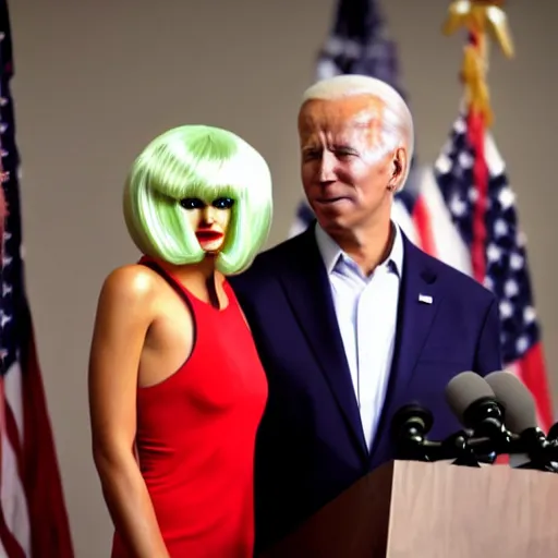 Image similar to photograph of a an alien wearing a blond wig and a red dress and Joe Biden at a press conference