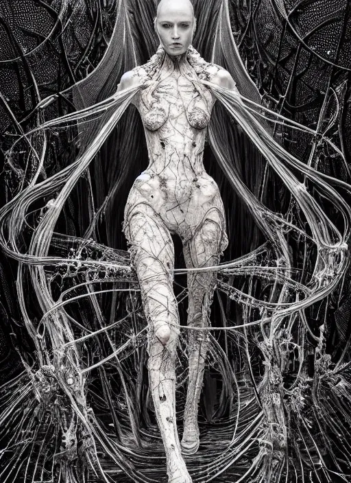 Image similar to walking down the catwalk, ben watts, show, stage, vogue photo, podium, fashion show photo, historical baroque dress dark, iris van herpen, beautiful woman, masterpiece, intricate, biopunk, vogue, full body shot, alien, plant predator, guyver, giger, wires, tubes, veins, jellyfish, white biomechanical details, highly detailed