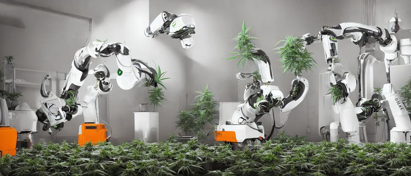 Image similar to three large white glossy kuka industrial robot harvesting a cannabis micro growery inside a fancy living room with retro modern furniture and decor, global illumination, artstation, fantasy, volumetric light