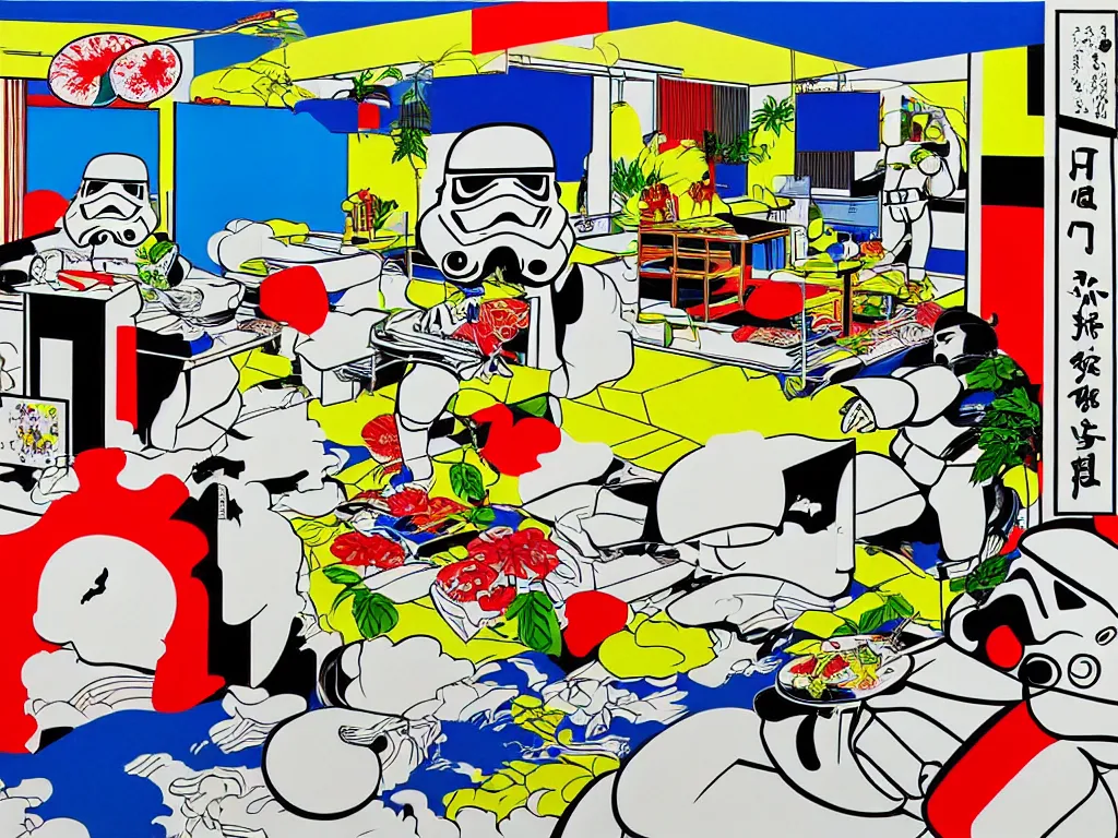 Prompt: hyperrealistic composition of the japanese home with a garden, stormtrooper in hot springs, pop - art style, jacky tsai style, andy warhol style, roy lichtenstein style, rich palette, acrylic on canvas