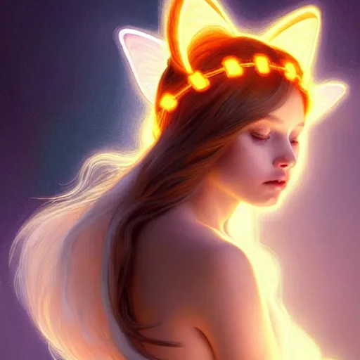 Prompt: Portrait of a girl angel with pale orange colored frizzy strands of illuminated hair, cat ears on her head, glowing halo, wings on her back, fantasy, intricate, elegant, highly detailed, digital painting, artstation, concept art, smooth, sharp focus, illustration, art by Krenz Cushart and Artem Demura and alphonse mucha