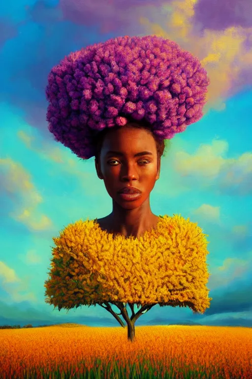 Prompt: closeup, large flower under head, african woman in heather field, surreal photography, golden hour, colorful clouds, impressionist painting, digital painting, artstation, simon stalenhag
