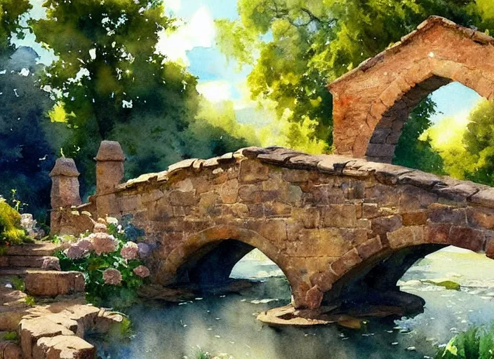 Image similar to watercolor of rustic stone bridge with mural, ivy, summer daylight, bright clear day, clouds, high detailed art by dennis miller bunker, work by anders zorn, wonderful masterpiece by greg rutkowski, beautiful cinematic light, american romanticism by greg manchess, creation by tyler edlin