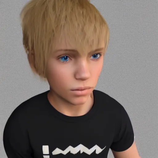 Image similar to a detailed full body image of boy with blonde hair and blue eyes wearing a black tshirt, unreal engine 5 rendered, incredibly highly detailed and realistic, 8 k, sharp focus, studio quality