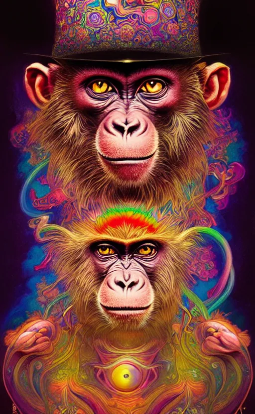 Image similar to An extremely psychedelic celestial Monkey in his black fedora hat, colorful, surreal, dramatic lighting, magic mushrooms, psilocybin, LSD, face, detailed, intricate, elegant, highly detailed, digital painting, artstation, concept art, smooth, sharp focus, illustration, art by Krenz Cushart and Artem Demura and alphonse mucha