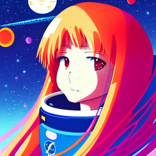 Prompt: portrait of a young astronaut girl with flowing hair, anime, shigeto koyama, narumi kakinouchi,jean giraud, manga, bright colors, beautiful, 28mm lens, vibrant high contrast, gradation, cinematic, rule of thirds, great composition, intricate, detailed, flat, matte print, sharp,clean lines, Ilya Kuvshinov, Gainax, 1980s