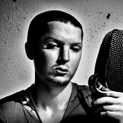 Image similar to beautiful portrait of rapper kool savas burning up a mic, by annie liebowitz, photorealistic, hyperrealism