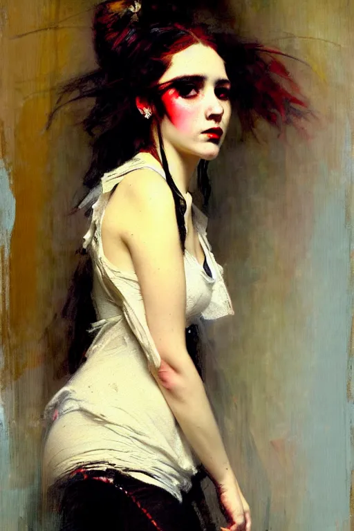 Image similar to painterly style!!! solomon joseph solomon and richard schmid and jeremy lipking victorian loose genre loose painting full length portrait painting of a young beautiful woman punk rocker