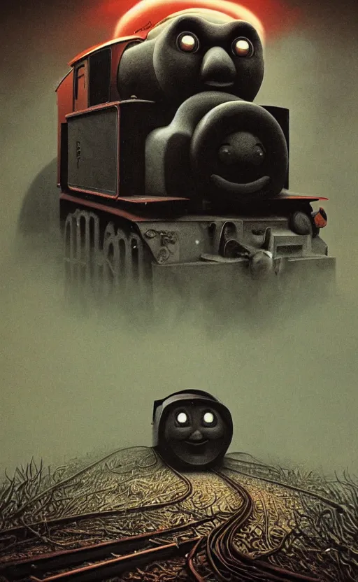 Image similar to thomas the tank engine in style of zdzisław beksinski, extremely dramatic lighting, 8 k, tendrils, black, darkness, black slime tendrils, infected, rust, body horror, thomas the train, thomas the tank engine face, horror,