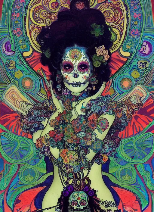 Image similar to psychedelic poster art of a cute punk goth fashion fractal Día de los Muertos tattooed girl posing by Victor Moscoso Rick Griffin Alphonse Mucha Gustav Klimt Ayami Kojima Amano Charlie Bowater, masterpiece