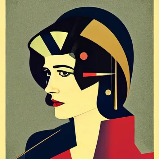 Image similar to Eva Green, Art by Coles Phillips, Portrait of the actress, Eva Green as Space Commander Alpha from the Year 4000, geometric art, poster, no text, Mucha, Kandinsky, carbon blac and antique gold