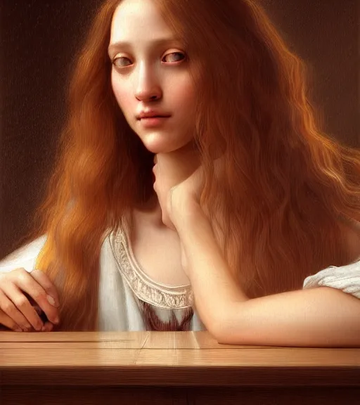 Image similar to portrait of a beautiful long - haired woman sitting upon a table with heightened detail, poised, intense emotion, detailed facial expression, detailed surroundings, intricate, elegant, highly detailed, centered, digital painting, artstation, concept art, smooth, sharp focus, illustration, by ( leonardo da vinci ), wlop