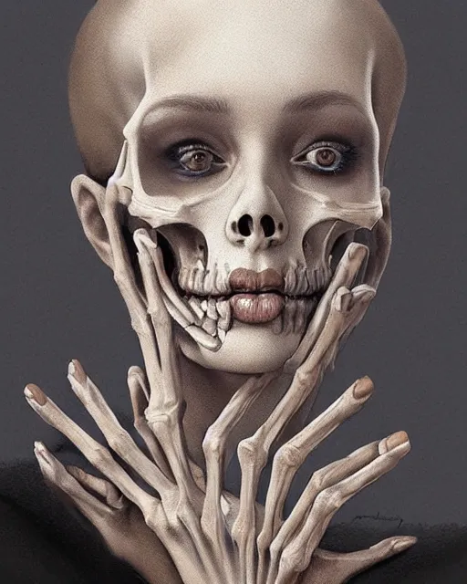 Image similar to Portrait of a woman with a skeletal hand on her face, digital art by DZO Oliver and Alex Nino and Randy Ortiz, intricate, elegant, highly detailed, digital painting, artstation, concept art, smooth, sharp focus, illustration