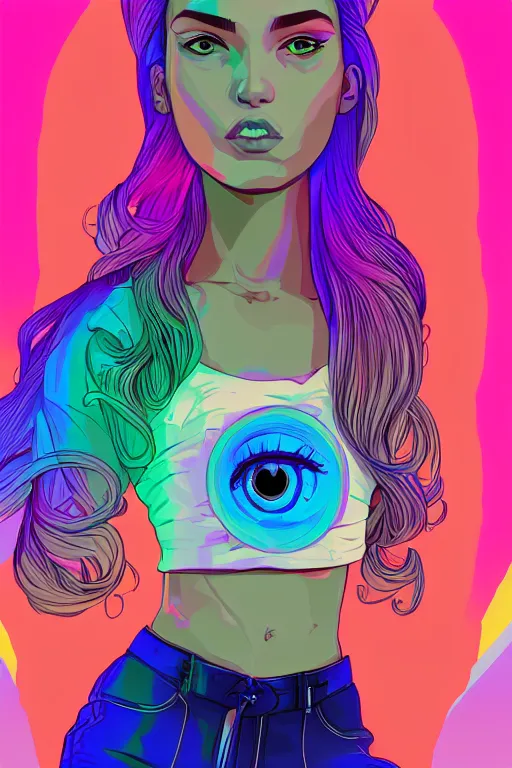 Image similar to a award winning half body portrait of a beautiful woman with stunning eyes in a croptop and cargo pants with rainbow colored ombre hairstyle head in motion and hair flying by josan gonzales, outrun, vaporware, shaded flat illustration, digital art, trending on artstation, highly detailed, fine detail, intricate